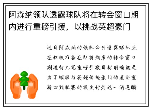 阿森纳领队透露球队将在转会窗口期内进行重磅引援，以挑战英超豪门