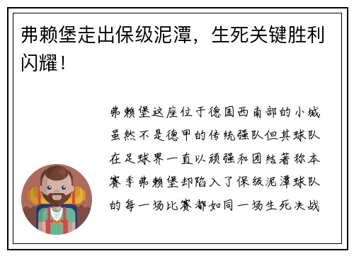 弗赖堡走出保级泥潭，生死关键胜利闪耀！
